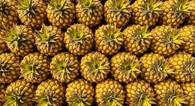 Fresh pineapples stacked in an organized pattern, showcasing vibrant yellow colors and leafy crowns. Pineapples are ready for sale in a market,