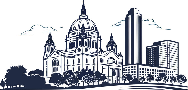 St. Paul: A refined Minnesota vector silhouette. Blends the historic dome of the Cathedral of Saint Paul with the modern glass of the downtown skyline.