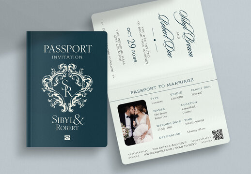 Passport Wedding Invitation Template, travel theme RSVP card, destination marriage invite set