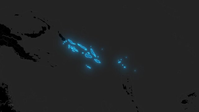 Stylized Blue Neon Glow Map Zoom In Animation on Dark Digital Background - Solomon Islands
