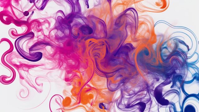 Abstract swirling patterns of vibrant pink, purple, orange, and blue ink-like fluid on a white background. Colorful liquid motion with organic curves and detailed marbled textures.
