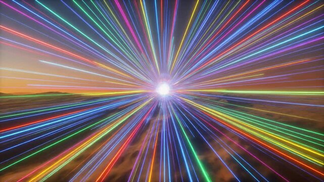 Digital artwork depicts a landscape with a bright central light emitting multicolored rays