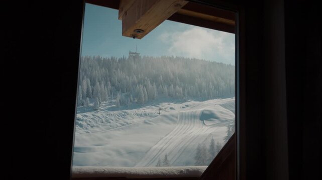Scenic winter view from a cabin window overlooking Zillertal ski slopes, capturing crisp snow and tranquil forest. Perfect for travel and winter destination promotions.