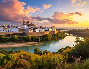 Obraz premium A serene riverbank town at sunset with white buildings and lush greenery