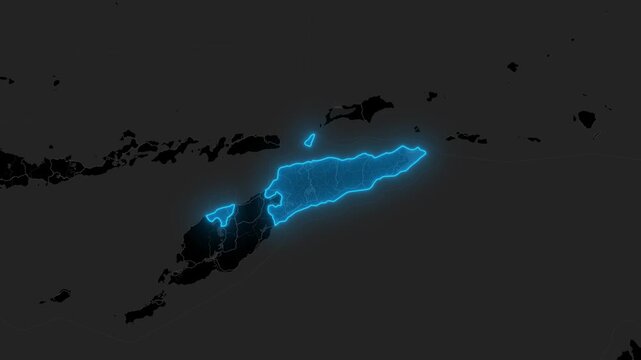 Stylized Blue Neon Glow Map Zoom In Animation on Dark Digital Background - East Timor