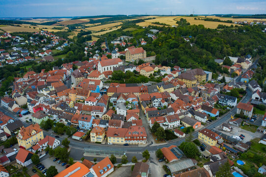 Aerial view of the old town of the city Arnstein in Germany, Bavaria on a late spring afternoon