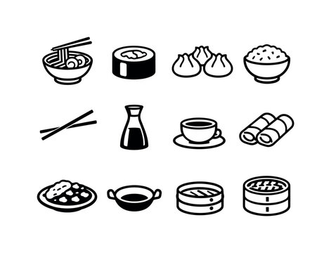 Asian cuisine dishes: ramen bowl, sushi roll, dumplings, rice bowl, noodles, chopsticks, soy sauce bottle, tea cup, spring rolls, curry dish, wok pan