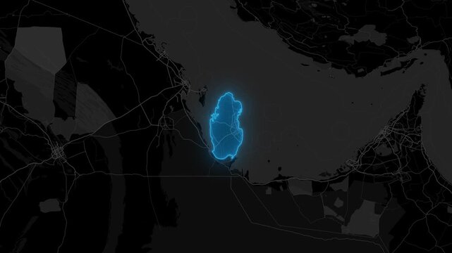 Stylized Blue Neon Glow Map Zoom In Animation on Dark Digital Background - Qatar
