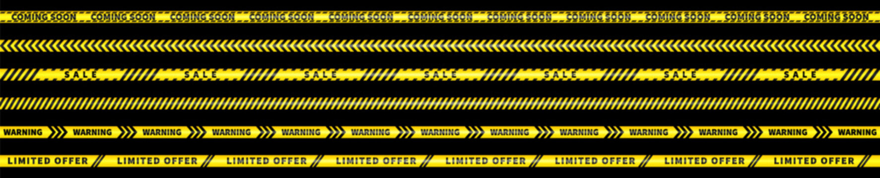 Yellow Sale Caution Tape Set with warning stripes, limited offer, coming soon, discount ribbon, industrial style, barrier, promo banner, black background.