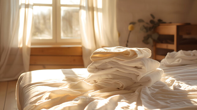 A stack of linens on a bed in a sunlit room
