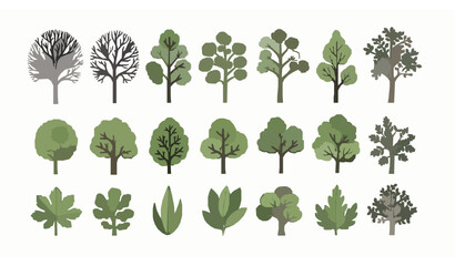 Fototapeta premium Hand drawn tree and leaf vector set with bare and lush green botanical elements in flat design style