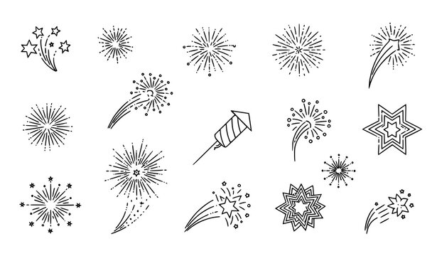 Modern firework line icon collection with dynamic burst elements for festive and new year design