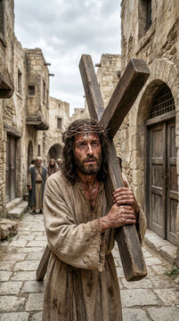 Jes&uacute;s cargando la cruz por una calle antigua, expresi&oacute;n de sufrimiento, hiperrealismo