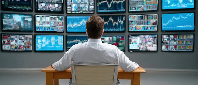 Data Analyst at Work: A data analyst, immersed in a complex environment of digital screens, focused on deciphering intricate data and market trends. The scene exudes focus, analysis.