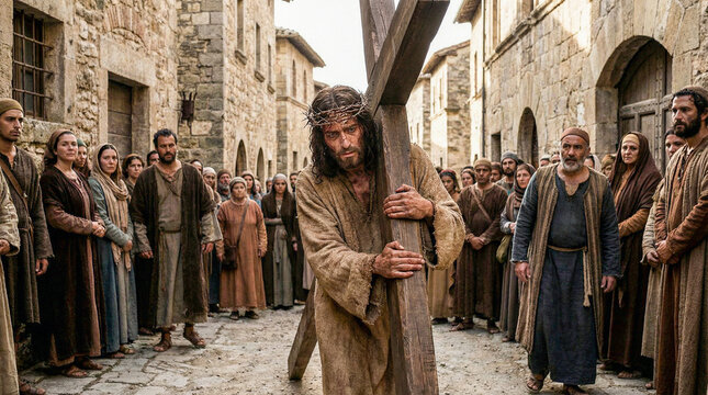 Jes&uacute;s cargando la cruz por una calle antigua, expresi&oacute;n de sufrimiento, hiperrealismo