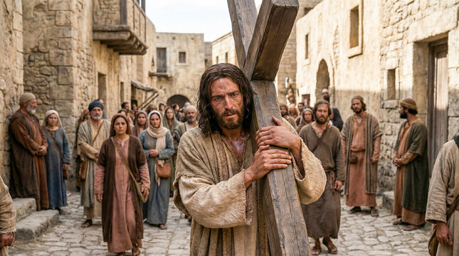 Jes&uacute;s cargando la cruz por una calle antigua, expresi&oacute;n de sufrimiento, hiperrealismo