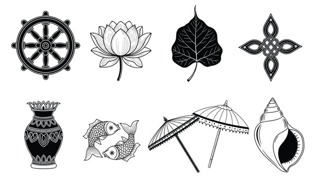 set of eight auspicious symbols of buddhism, dharma wheel, lotus flower, bodhi leaf, endless knot.