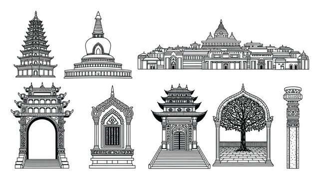 Ancient eastern temple architecture and historical religious monuments collection in linear style.