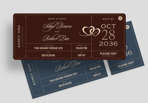 Wedding Invitation Ticket Template, Save The Date RSVP Card, Admit One Pass, Elegant Invite Design