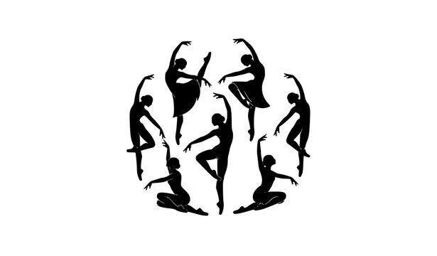 Elegant dancer silhouettes vector set in circular composition with abstract minimalist dance poses