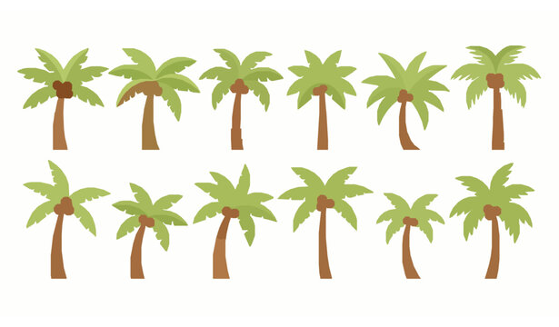 Tropical coconut palm tree vector set with cartoon island trees in flat design collection