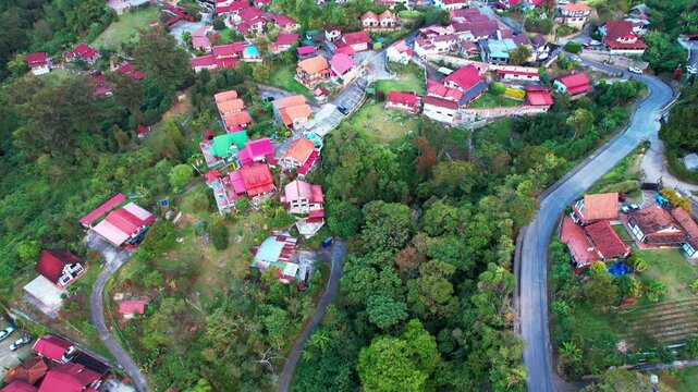 Aerial cinematic shot starting top-down and tilting up to reveal the quaint German town of La Colonia Tovar, nestled in the misty mountains of Aragua, Venezuela, during golden hour