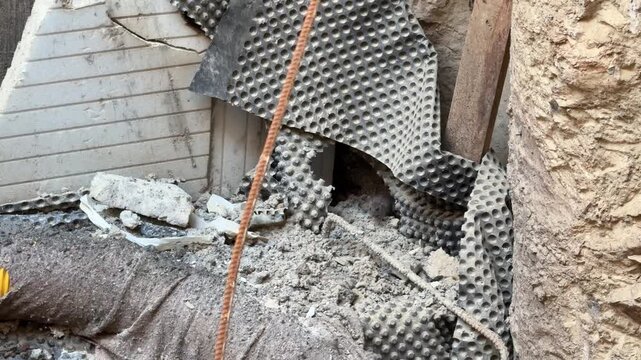 A sewer rat wandering between debris piles and drainage sheets at a construction site. Image regarding site hygiene, rodent control, and pest infestation.