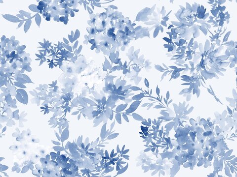 Watercolor floral seamless pattern with abstract hand painted indigo blue wild flowers for fabric, home decor and surface design.