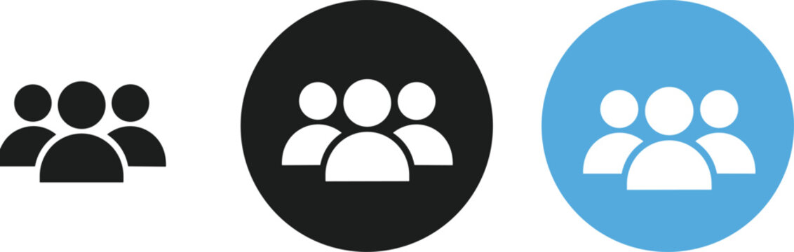 Three Stylized Icons of a Group of People in Black, White, and Blue Color Variations silhouette team