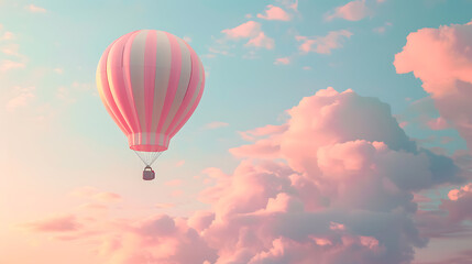 Fototapeta premium 3D pink and white hot air balloon in soft dreamy clouds, for baby showers and Valentine's Day posters.