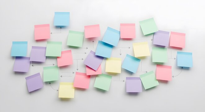 Complex flowchart of colorful sticky notes connected by black arrows on white wall surface.