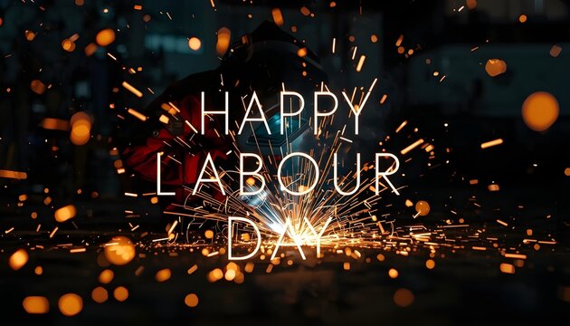A worker celebrates Labour Day with sparks flying in a dark workshop