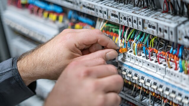 Professional technician working on complex electrical switchboard system