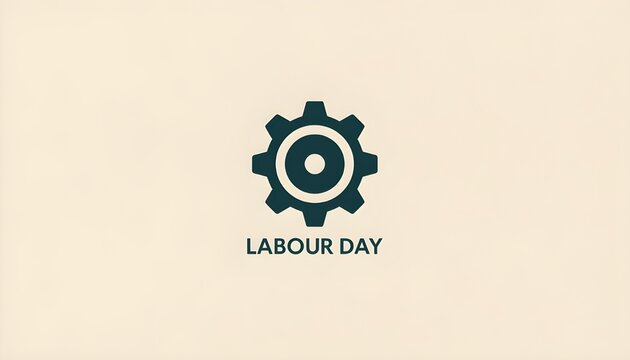 A Labour Day graphic design featuring a gear icon on a beige background
