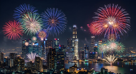 Fototapeta premium Spectacular fireworks display over a vibrant city skyline at night