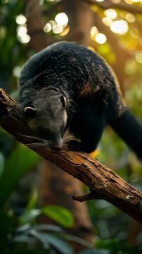 Binturong Climbing Tree Branch in Lush Forest Sunlight.