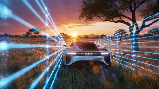 Rear view of a futuristic silver sports car performing a digital scan with blue light rays in a grassy savanna field during a golden sunset with glowing clouds and scattered trees.