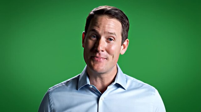 Portrait of a smiling middle-aged Caucasian man speaking to camera, wearing a light blue button-down shirt, positioned in front of a solid chroma key green screen background.