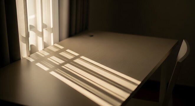 Sunlight casting long shadows through window blinds on empty office desk.