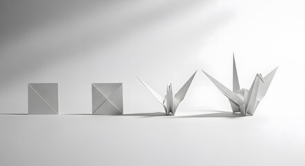 Origami crane development, folded paper forms showing progress on a light surface.