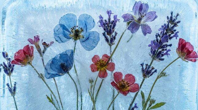 Frozen glacial ice containing perfectly preserved summer flowers clearly depicts the emotional stagnation of a heart unwilling to move on.