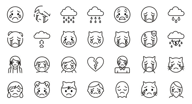 Collection of cute line art dog faces showing varied expressions with rain motifs in a seamless pattern.