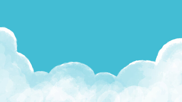 青空と雲の背景素材テクスチャ ベクターイラスト　コピースペース　手描き　水彩　16:9　入道雲　夏、広告、ポスター