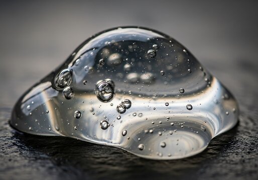 Closeup of clear gel or liquid substance with bubbles on dark surface