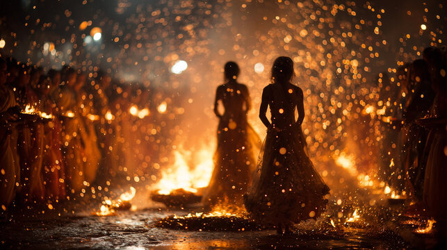 Celebration of Sankranti festival at night with fire and worshippers in a vibrant gathering
