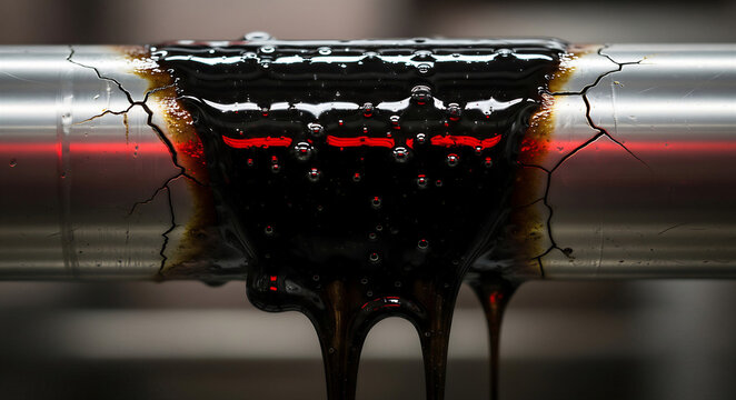 Closeup of dark liquid pouring out from a metal pipe with cracks