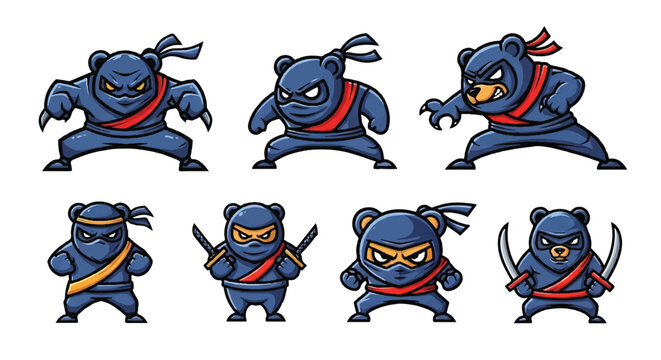 Cartoon ninja bear characters in action poses set