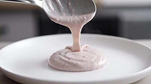 Artistic Culinary Pour: A close-up view captures the mesmerizing flow of a smooth, velvety sauce being delicately poured from a spoon onto a pristine white plate.