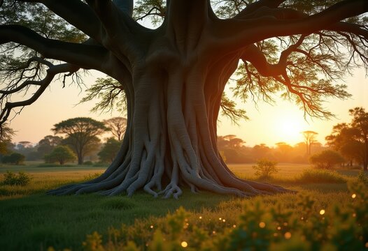 Baobab Tree with Swollen Water-Storing Trunk Transforming Savanna Indoor Green Space Vintage Decor