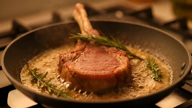 Gourmet Delight: A succulent, seasoned cut of steak sizzles in a pan, infused with flavorful herbs